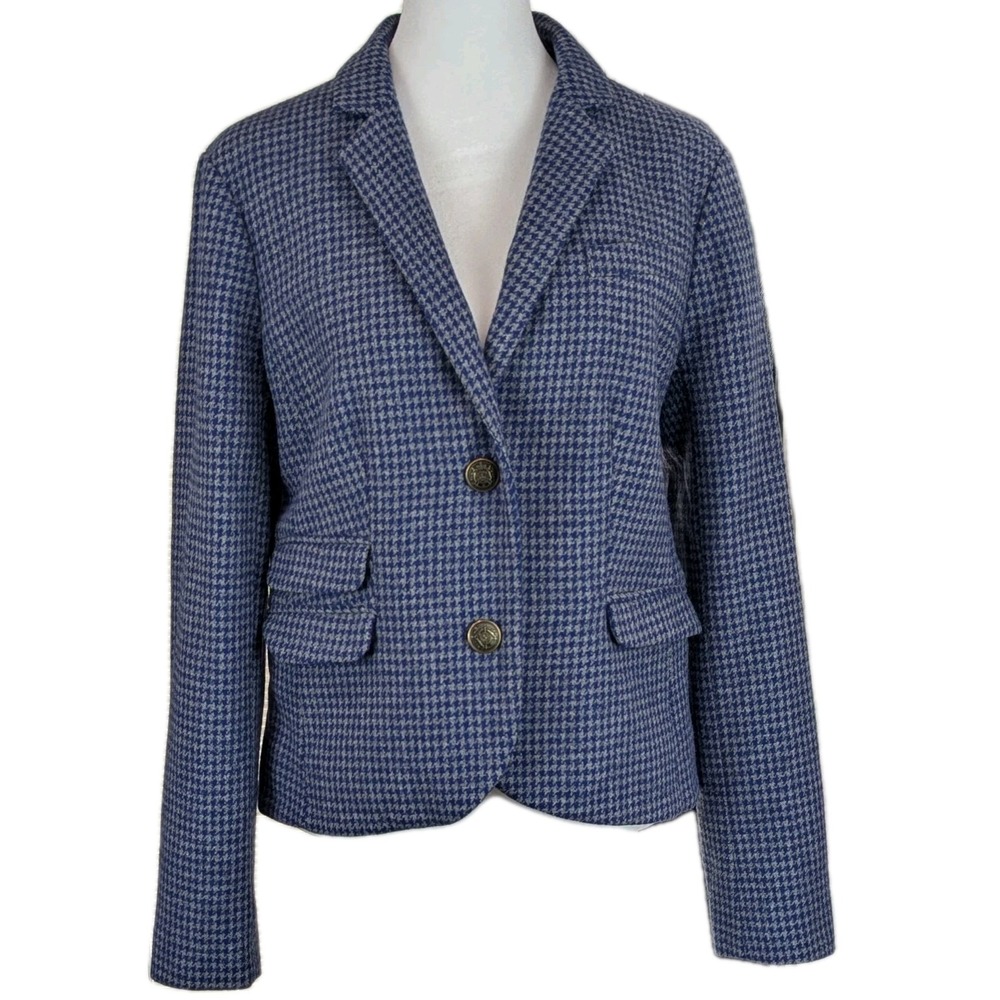 Lands End 100% Wool Houndstooth Blazer Size 6 Blue Gray 2-Button Pockets Career‎